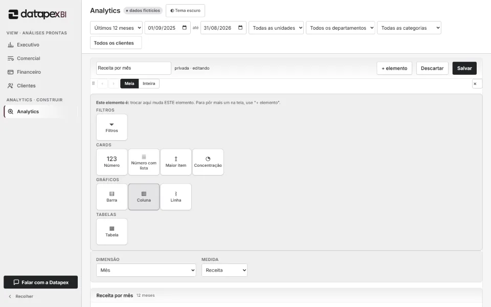 Editor do Datapex Analytics aberto para configurar uma visão de receita por mês.