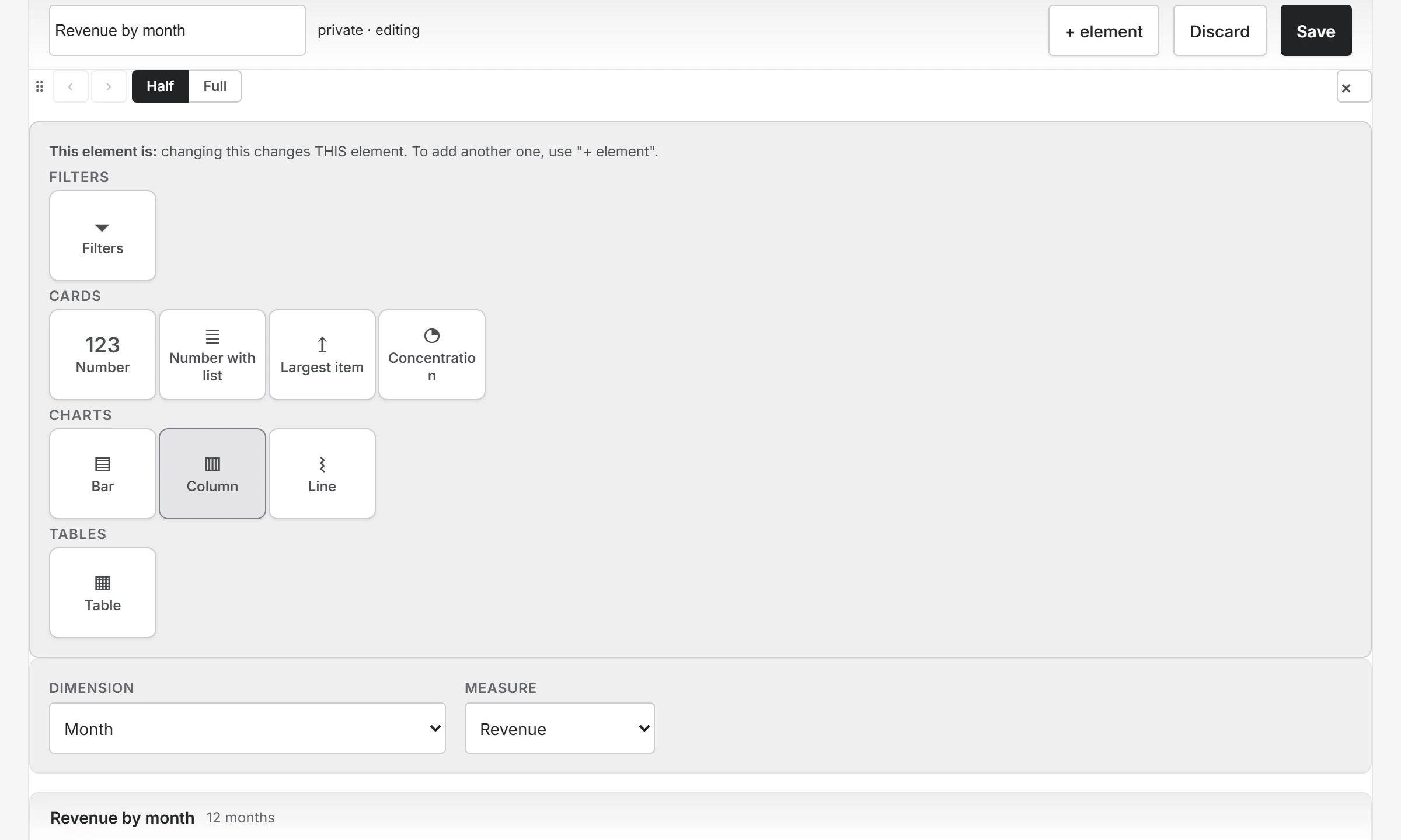Datapex Analytics editor open to configure a revenue-by-month view.