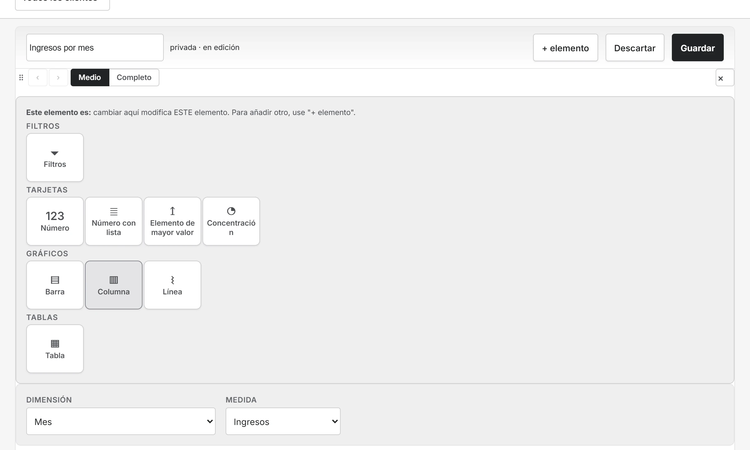 Editor de Datapex Analytics abierto para configurar una vista de ingresos por mes.